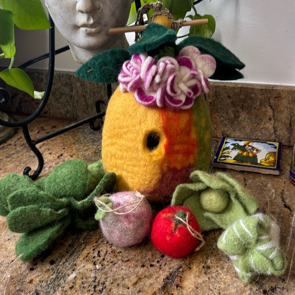 Wet Felt Birdhouse and Veggie Ornaments